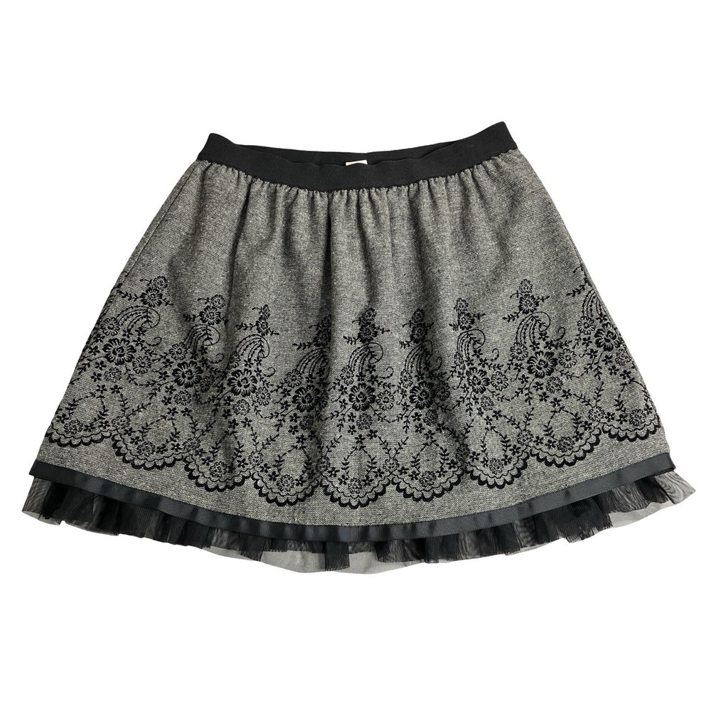 Y2K Joe Benbasset Mini Skirt L Tweed Floral Tulle Ruffle Coquette Goth Academia